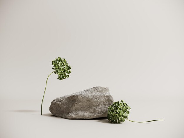 Vitrine de pódio feita de pedra com flores de hortênsia verde renderização 3d