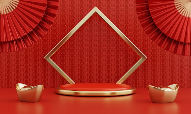 Vitrine de produto de um pódio de estilo moderno vermelho de ano novo chinês com moldura de anel dourado e fundo de padrão da China. Conceito de festival tradicional de férias felizes. Ilustração 3D renderizando design gráfico