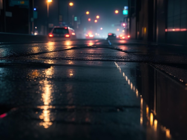 Vitrine de produtos artísticos de reflexão de luzes de néon de asfalto molhado