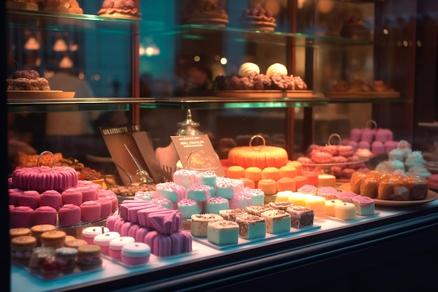 Foto vitrine de uma confeitaria com uma grande seleção de bolos de dar água na boca gerados por ia