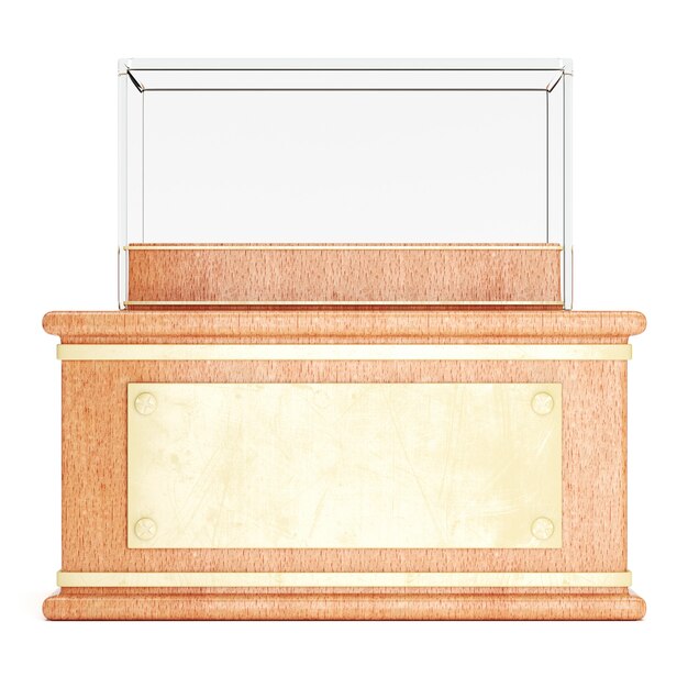Vitrine de vidro vazio no pedestal de madeira