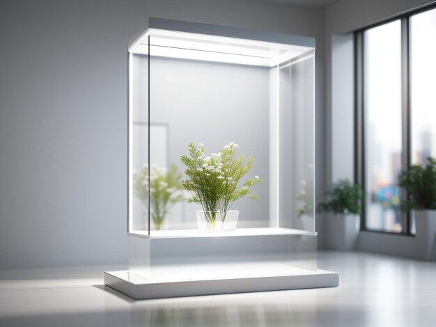 Vitrine radiante Vitrine de vidro iluminado em branco com modelo de produto