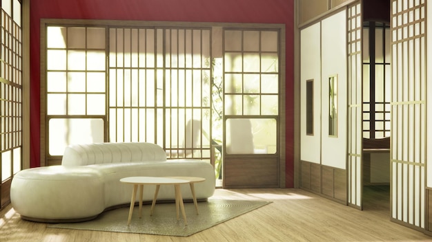 Viva cor magenta Sala de estar muji estilo minimalista com parede vermelha e sofá vermelho