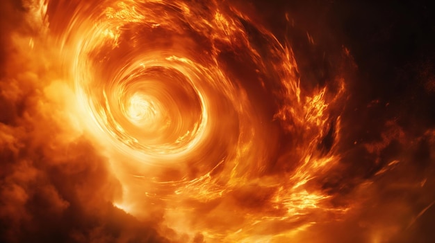 Viva y dinámica representación artística de un vórtice ardiente girando con intensos tonos naranja y amarillo y rodeado de llamas y nubes luminosas