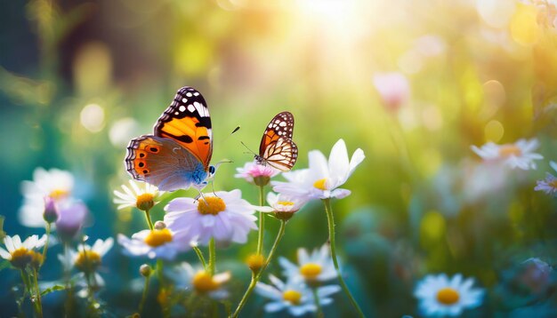Viva escena de verano Flores coloridas y mariposas disfrutan de los rayos del sol en medio de la impresionante belleza natural