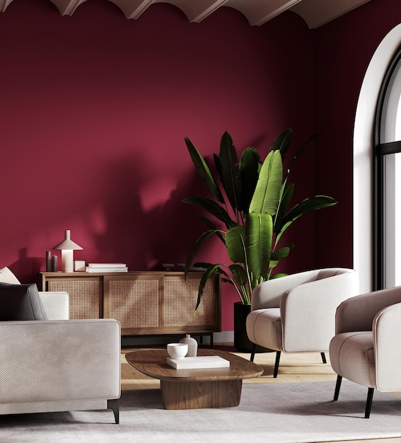 Viva magenta cor da moda ano 2023 em sala de estar de luxo ou recepção Almofada de cor vermelho carmesim e parede marrom marsala sotaque fundo Design de quarto moderno interior home 3d render