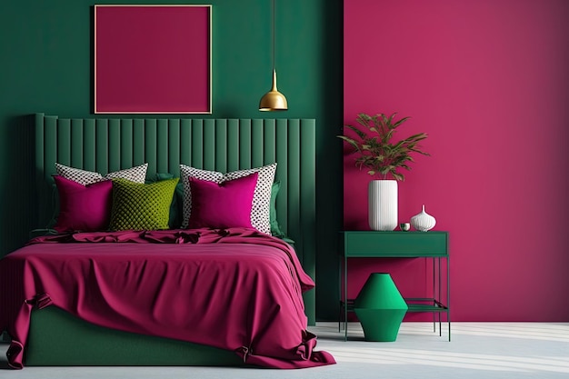 Viva magenta é uma cor da moda ano 2023 no quarto brilhante Maquete pintada parede vermelha carmesim cor de vinho e cama verde Modelo de design de quarto moderno casa interior Accent carmine