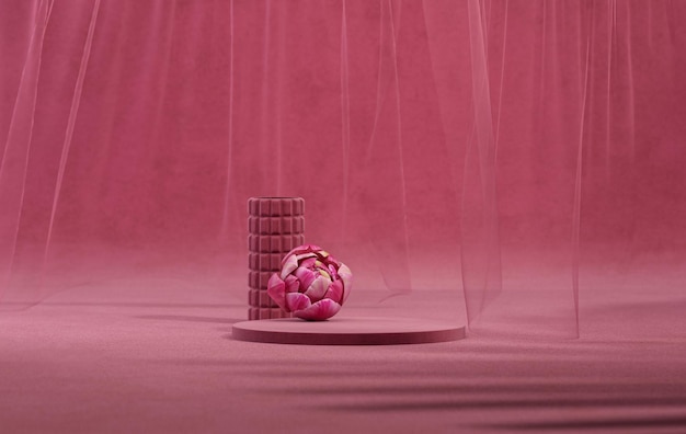Viva magenta é uma cor de tendência em 2023. fundo 3D, pódio circular com pano de cortina, flor