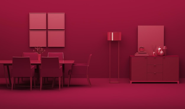 Viva magenta é uma cor tendência ano 2023 Interior da sala em monocromático liso vermelho escuro