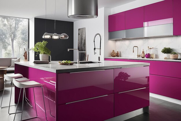 Foto viva magenta es un color de tendencia para el año 2023 en la cocina, el lavabo, el fregadero, el refrigerador.