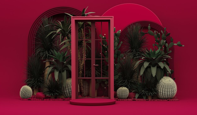 Viva magenta es un color de tendencia del año 2023. Exterior monocromático con puerta rosa oscuro, podio, tropical