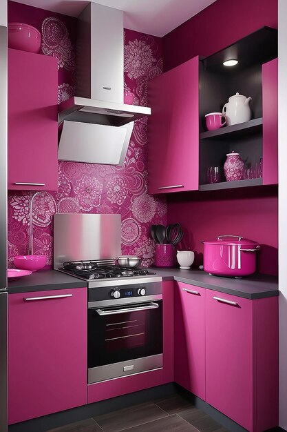 Foto viva magenta es un color de tendencia año 2023 en la sala de cocina color rosa oscuro con decoración