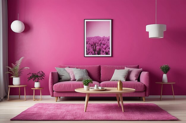 Viva magenta ist eine Trendfarbe des Jahres 2023 im Wohnzimmer Innenraum des Raumes mit rosa Hintergrund