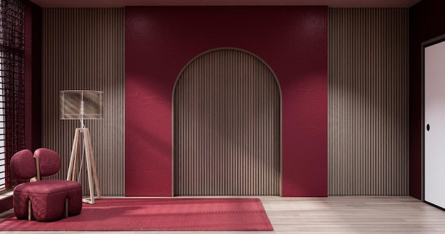 Viva magenta Sala de estar con pared roja y sillón estilo japonés