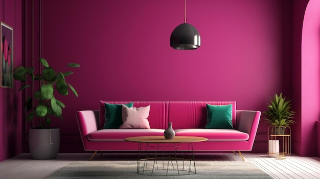 Viva magenta Wandhintergrundmodell mit Sofamöbeln und -dekor