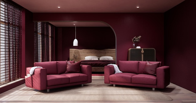 Viva magenta Wohnzimmer mit roter Wand und Sessel im Japandi-Stil