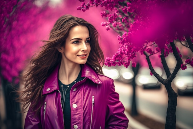 Foto viva retrato de color magenta de un hermoso woan caminando por una calle de primavera. ia generativa