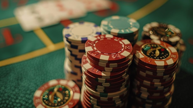 Foto vivas fichas y cartas de casino en una mesa verde con textura