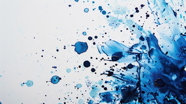 Vivas salpicaduras de pintura azul en un fondo blanco congelado en movimiento