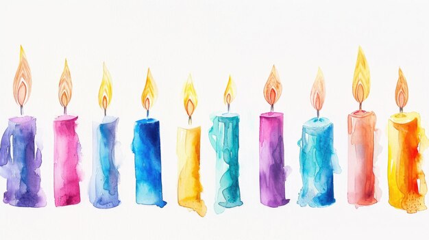 Foto vivas velas de aniversário em aquarela alinhadas em uma tela branca