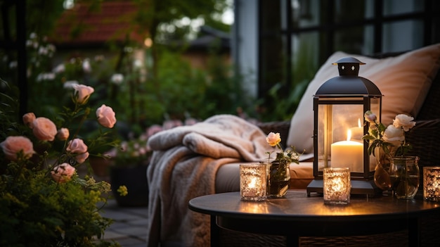 Viver ao ar livre aconchegante Viver num canto do jardim fora da casa À noite de verão no pátio ou no terraço