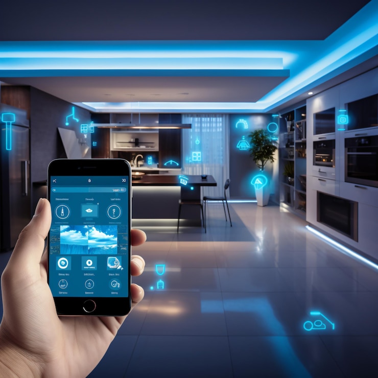 Foto viver sem interrupções aumenta o conforto e a eficiência com sistemas domésticos inteligentes controlados por smartphones