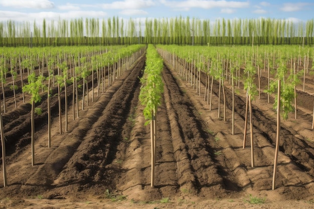 Un vivero de árboles con filas de árboles jóvenes listos para la plantación creado con AI generativa