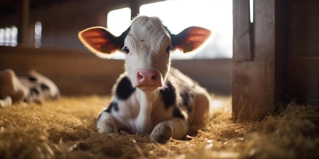 En el vivero de una granja lechera, una cría de vaca encuentra consuelo y cuidado. Rodeada de un entorno acogedor, crece bajo la atenta mirada de los granjeros.