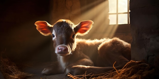 En el vivero de una granja lechera, una ternera joven encuentra consuelo y cuidado. Rodeado de un entorno propicio, crece bajo la atenta mirada de los granjeros. IA Generativa IA