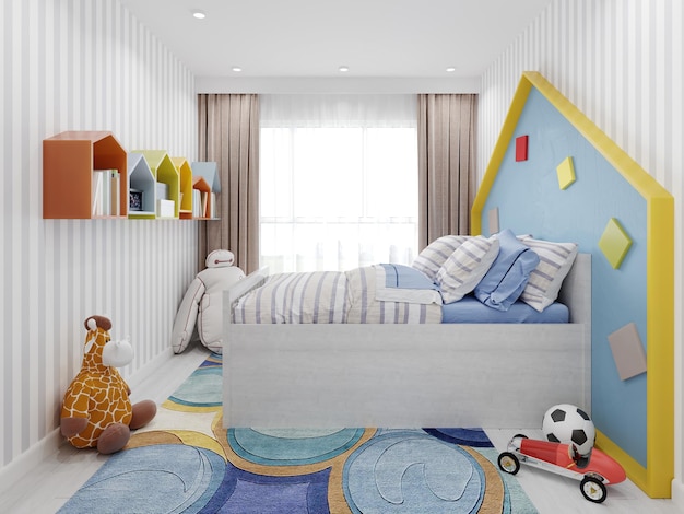 Habitación infantil para niñas de estilo clásico en colores rosa claro y  muebles blancos. representación 3d.