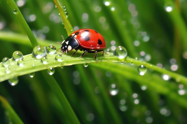 Vivid ladybug en una brizna de hierba dewkissed creada con inteligencia artificial generativa