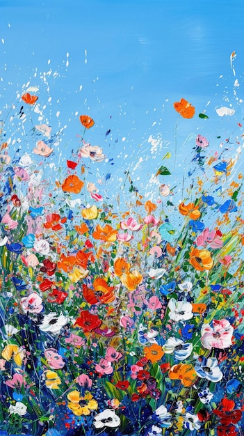 Una vívida y colorida pintura abstracta de un campo de flores en flor bajo un cielo azul claro