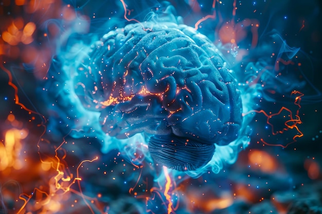 Una vívida ilustración en 3D de un cerebro humano rodeado de corrientes dinámicas de energía azul que simbolizan la actividad neuronal y los procesos cognitivos