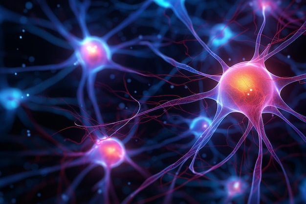 Vívida red de sinapsis neuronal iluminada con luces de neón, una creación de IA generativa