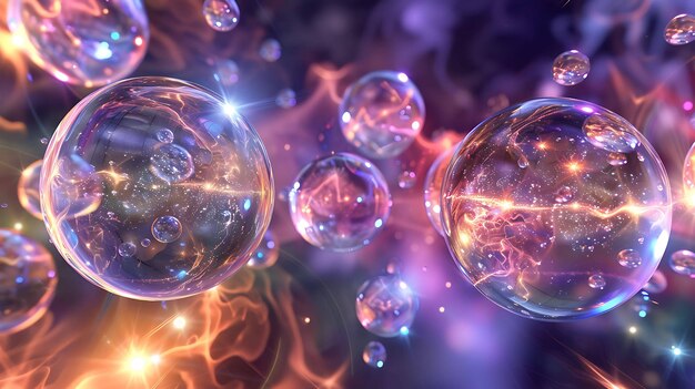 Vívida representación de un multiverso que muestra múltiples universos en forma de burbuja cada uno conteniendo galaxias y estrellas en un telón de fondo de colores vibrantes