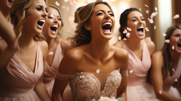 Vívidas emociones de la novia y las damas de honor en la boda.