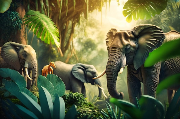 Un vívido cuadro de animales africanos en medio de una exuberante vegetación.