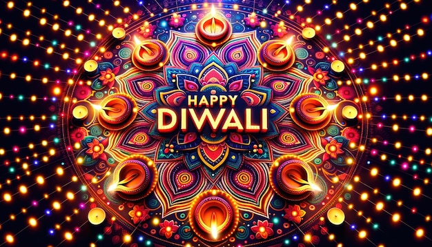 Un vívido patrón de rangoli brilla bajo las dias con un feliz Diwali sobresaliendo