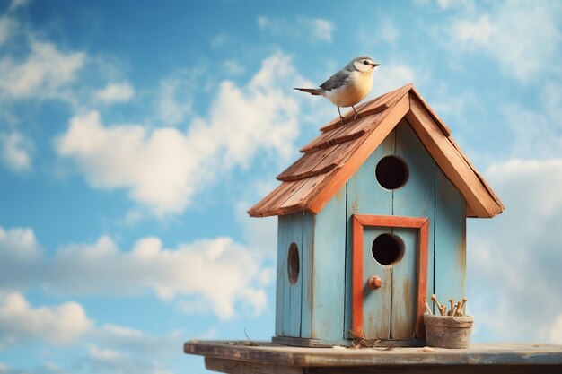 Vivienda aviar con un pájaro posado IA generativa