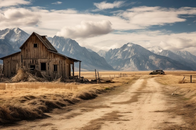 Vivienda desgastada por el tiempo con el telón de fondo de la IA generativa de Peaks