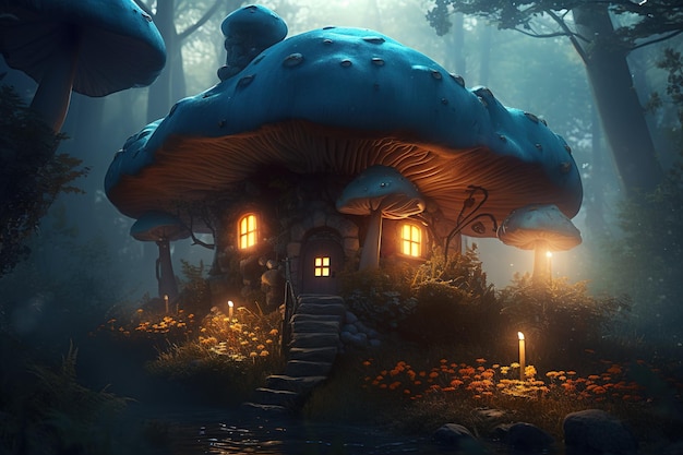 una vivienda hecha de hongos azules en medio del bosque