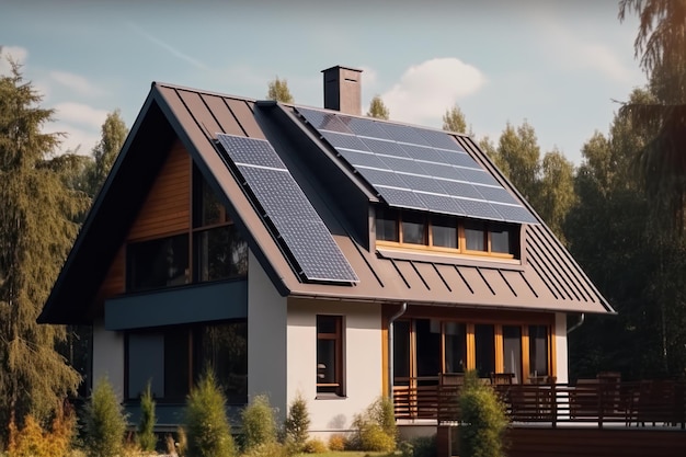 Vivienda sostenible con paneles solares en tejado IA generativa