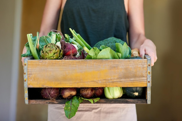 Viviendo la vida verde Una mujer joven sosteniendo una caja de verduras al aire libre