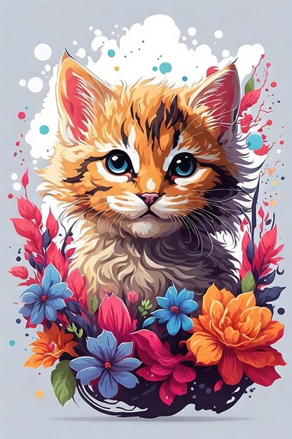 vivo cabeza de gatito lindo flores de fantasía salpicaduras aflato diseño adhesivo vector sin fondo