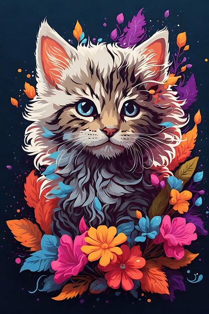 vivo cabeza de gatito lindo flores de fantasía salpicaduras aflato diseño adhesivo vector sin fondo