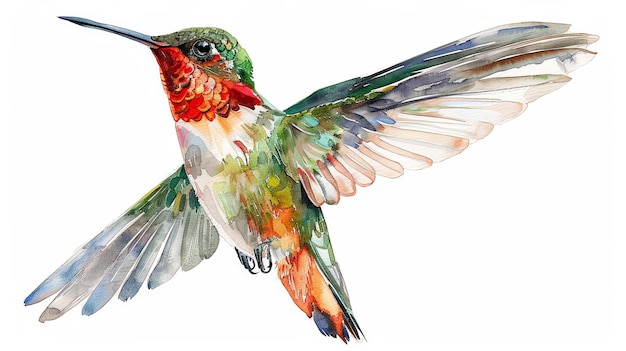 Vivo colibrí pájaro exótico volando diseño pintado en estilo acuarela aislado