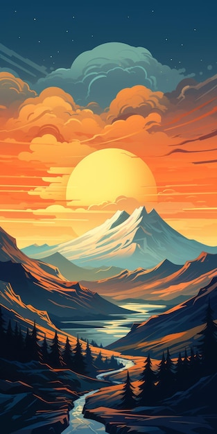 Vivo estilo de cómic Paisaje de montaña al atardecer