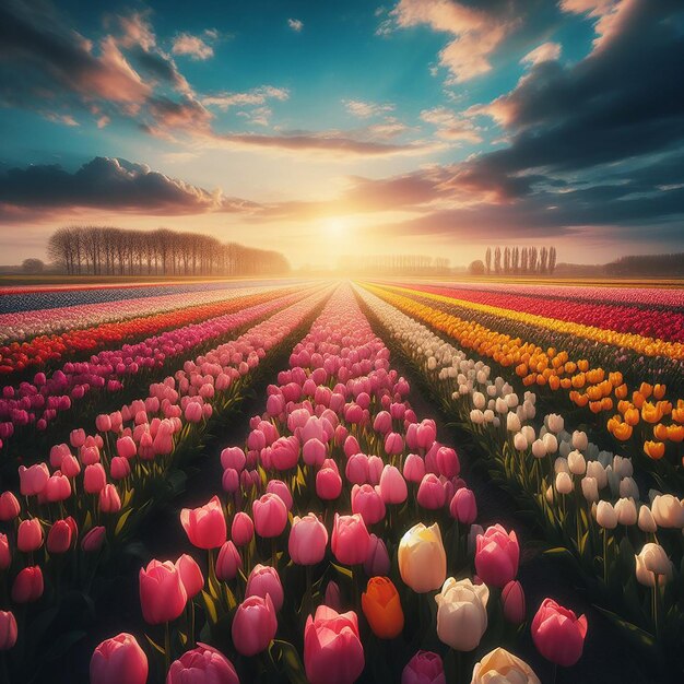 Vivo paisaje de ensueño hipnotizante tulipanes bailan bajo el cielo azul