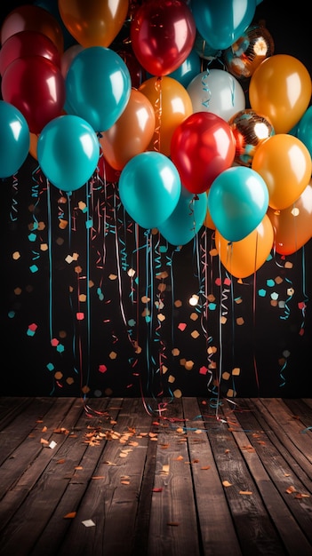 Vivos globos de celebración y confeti pop contra el fondo de madera papel tapiz móvil vertical