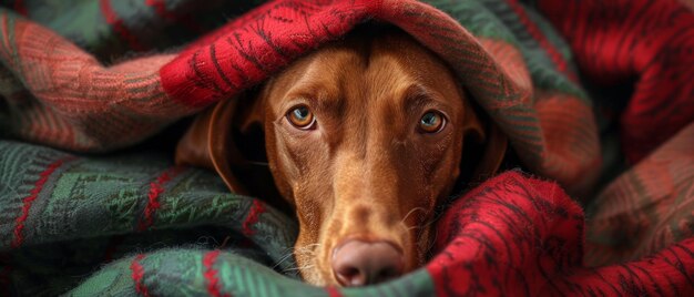 Foto vizsla húngara descansa serenamente dentro de un acogedor capullo de mantas rojas y verdes ojos que reflejan